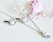art deco clear crystal swarovski rhinestone tibetan silver plated ivory pearl necklace earrings wedding bridal bridesmaids jewelry set