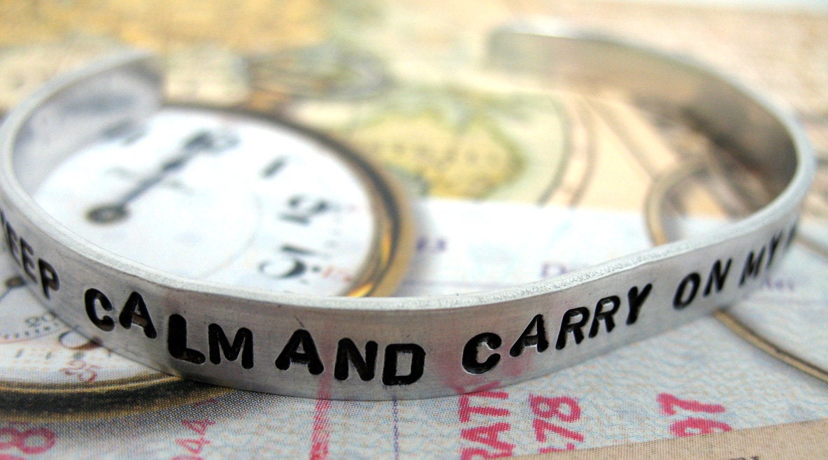 Supernatural Inspired Bracelet - Keep Calm and Carry On My Wayward Son - Hand Stamped Adjustable,  Aluminum Cuff
