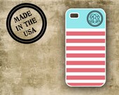 Preppy Iphone 5 case, pink Iphone 4 - Cute pink coral Tiffany blue stripes - personalized Iphone 5 cover Iphone 4s silicone plastic (9900)