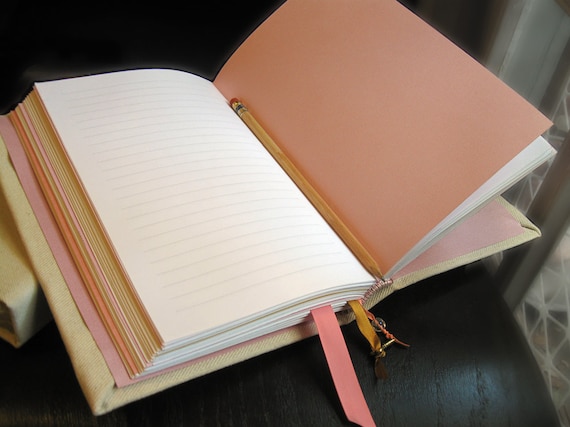 Pink, Gold, and Ivory Canvas Hand Bound Journal with Ribbon Bookmarks and Gold Key Charm