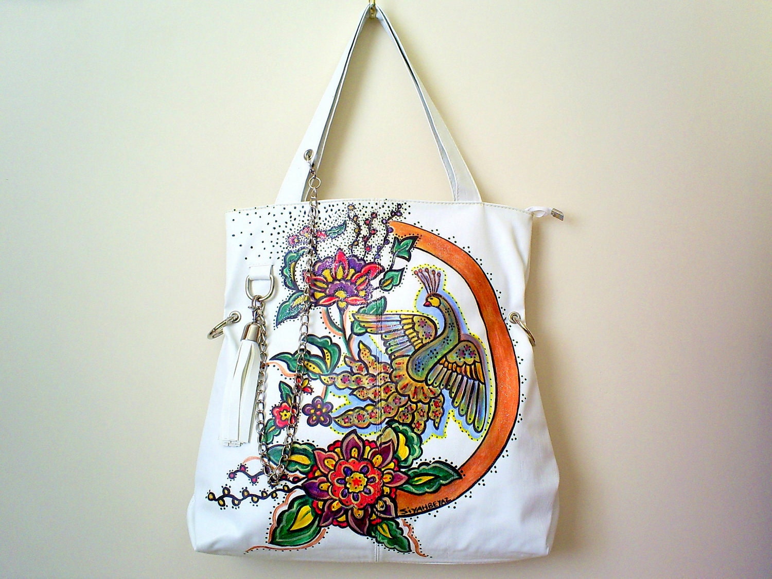 SALE Large Faux Leather Tote Bag - Shopper Bag - Hand painted white purse BIRD