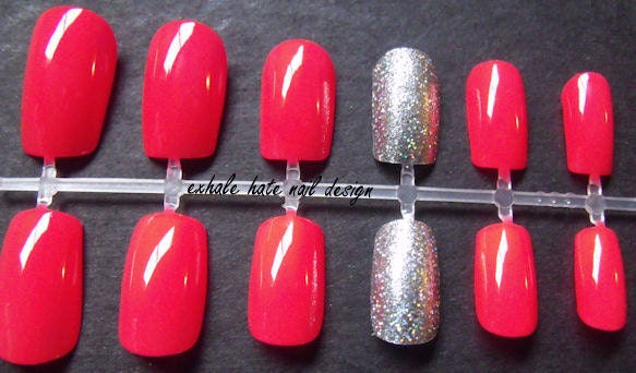 Neon False Nail Set with Holo Silver Glitter Accent