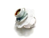White Tea Cup on Doily Miniature Food Ring, Miniature Food Jewelry