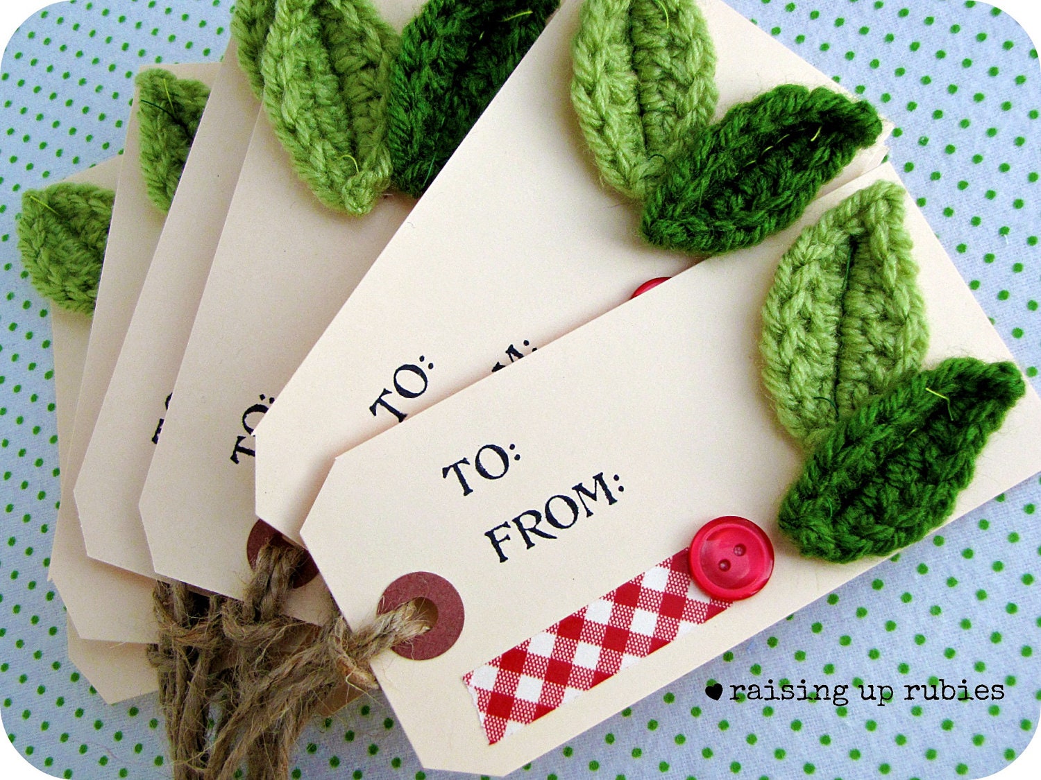 Hand Stamped "To and From" tags/ Christmas Gift Tags - Crochet Embellishment - set of 6