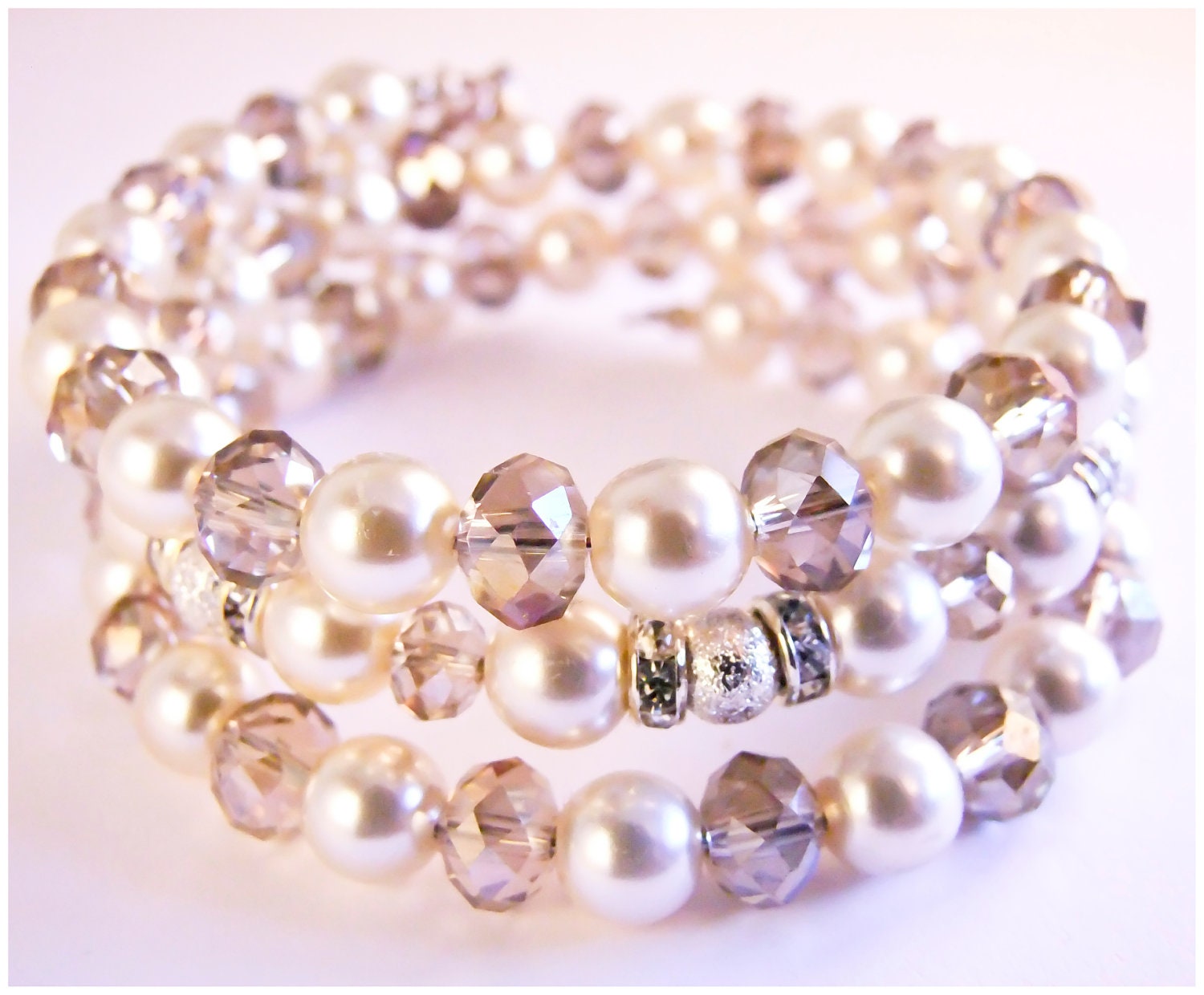 Vintage pearl crystal bracelet, memory wire bracelet, wrapped bracelet swa