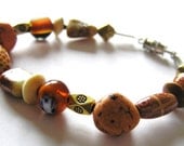 Autumn Colors- Yellow, Orange, Golden Colored Glass Beads, Wooden Beads, Dyed Turquoise, Ribbon 71/2" Bracelet