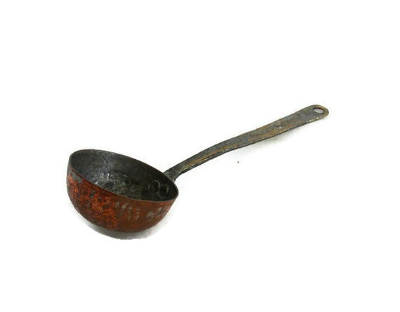 Soup ladle spoon Vintage HAMMERED COPPER tin rustic scoop, long ornate brass handle, Kitchen utensil, home decor, rack hanging, farmhouse