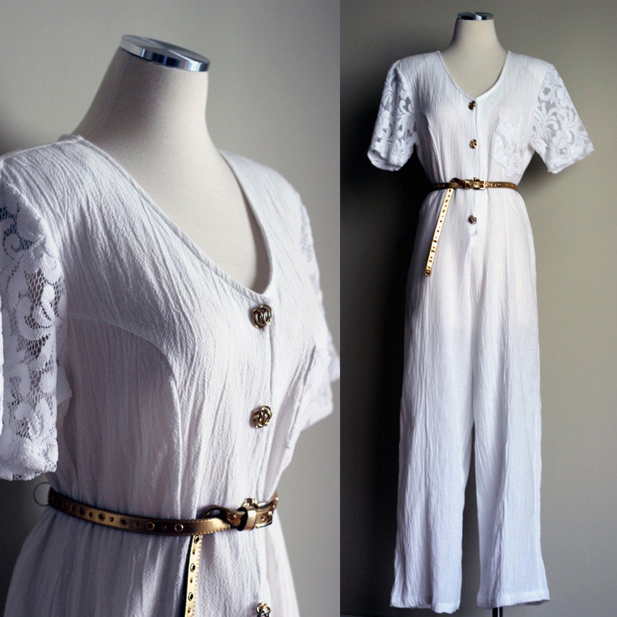 Vintage 1980s Cotton Crepe Jumpsuit - Lace Sleeves - Gold Buttons - Size Small