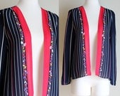 Vintage 1970s Striped Navy Blue Jacket / Cardigan - Red and Floral Trim - Sheer Fabric - Size Small / Medium