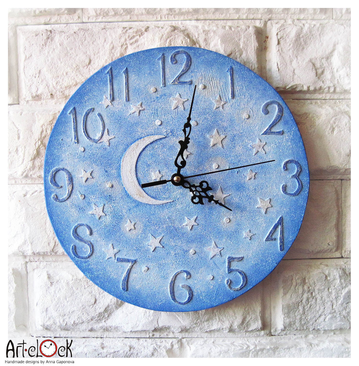 The Moon and Stars Blue Wall Clock Home Decor for Children Baby Kid Boy Girl Nursery Playroom