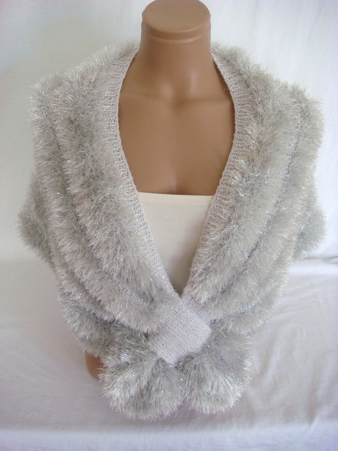 Hand knitted white silver wedding bolero