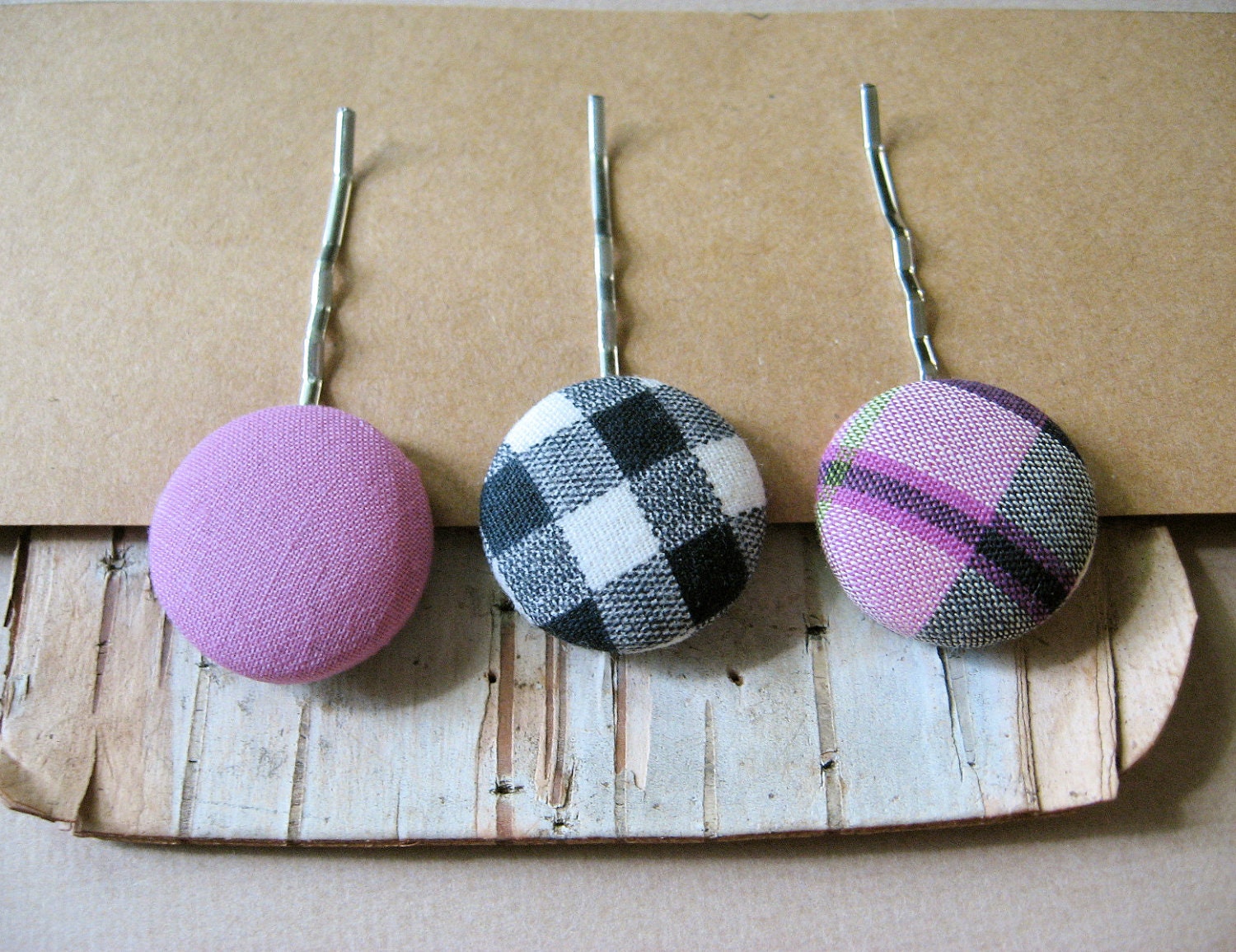 Vintage Plaid and Gingham Hair Pin Set of 3- Black, White, and Fuschia