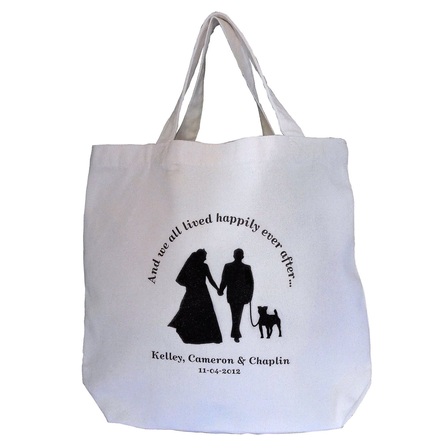 Custom Wedding Tote Bag with Bride, Groom and Dog Silhouettes// Terrier, Lab or Doxie Dog