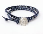 Seahorse leather wrap bracelet.  Fine Silver Button, Navy Blue, PMC Jewelry, Boho, Beach, Nautical Beaded Bracelet, Large