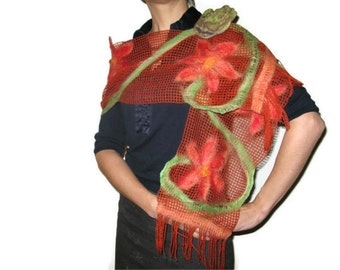 Nuno Felted Flower Scarf Shawl Wrap: Crimson Brick Red Green Mint, Orange, Wool, Lace. OOAK. Splendid, Light. Gift under 50
