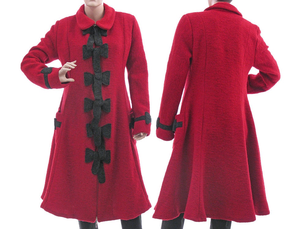 Wide swinging artsy boho coat - boiled wool in red / for medium or large sized women M L / Fall Winter Spring / with bows
