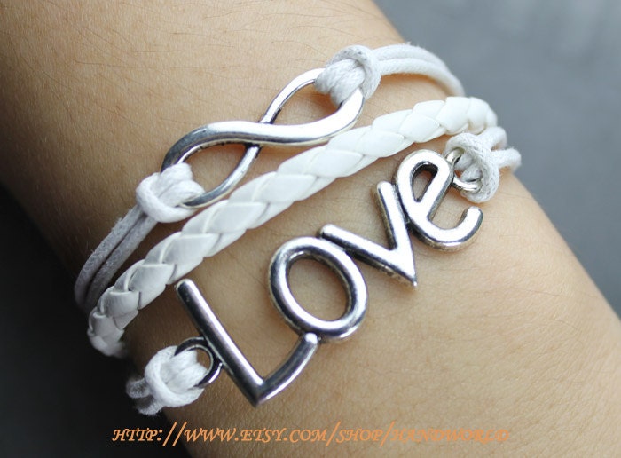 Silvery love bracelet infinity karma bracelet wish bracelet white leather bracelet -N539