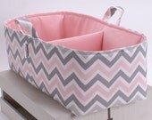 XL Long Diaper Caddy - Storage Bin Basket Container Organizer - Pink Grey Chevron Fabric