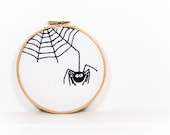 Halloween Spider Embroidery Hoop Art Spooky Spiderweb Black White - EggbertAndTurkey