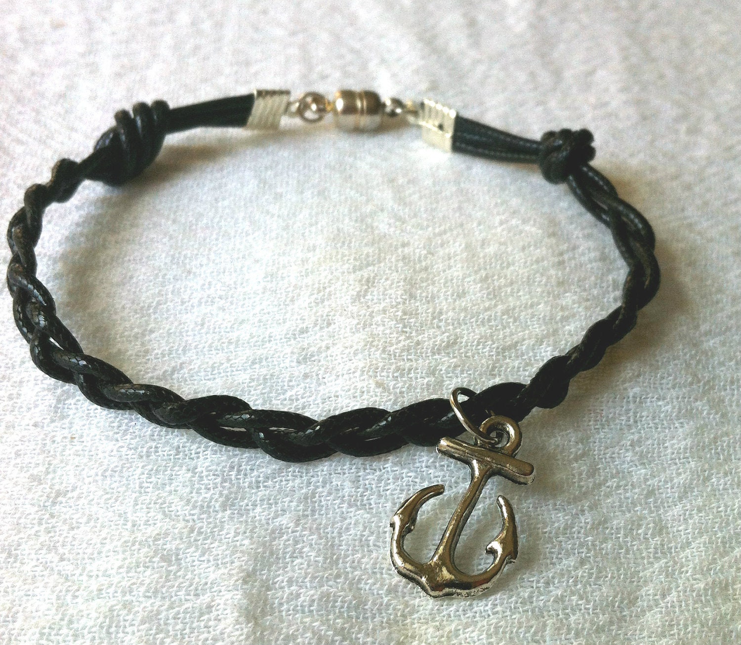 Braided Black Leather Bracelet with Anchor Charm