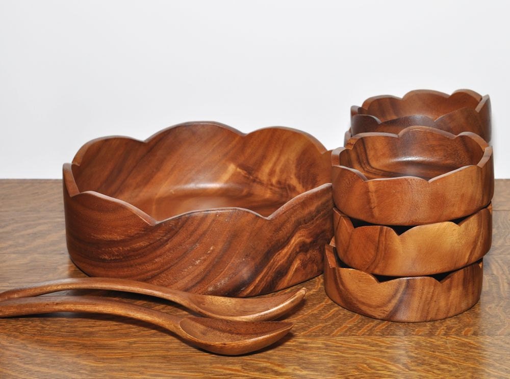 Vintage Monkey Pod Wood 8 Piece Salad Set