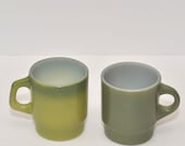Vintage Fire King Mug Set of 2 - Ombre Green and Solid Avocado