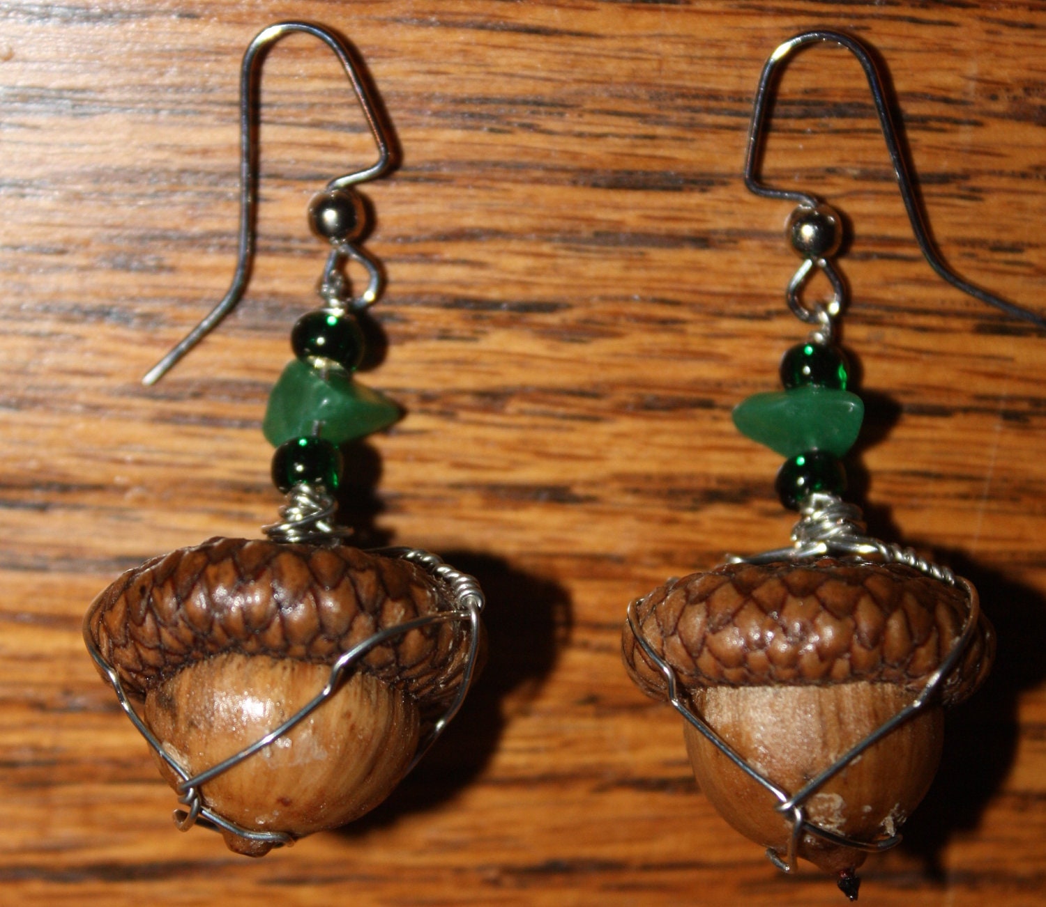 Wire wrapped acorn earrings with aventurine