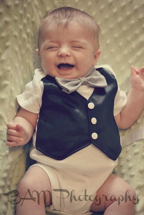 Faux Vest Onesie: Black Satin vest, white buttons, and grey bowtie 0-3, 3-6, 6-9, 12, 12-18, or 24 months