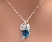 Angel Wing London Blue Quartz Stone Charm Necklace, ANGELICA Win Personalized Gem Stone necklace Hand Stamped Jewelry Monogram. SALE. Angel