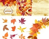 Fall Leaves Clip Art Design Set, digital paper and a floral wreath - scrapbooking, wedding invitations, Personal and Small Commercial Use.