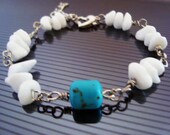 Natural Stones Bracelet - Snow White Gemstone and Turquoise & Silver Tone. Heart Toggle White Jewelry