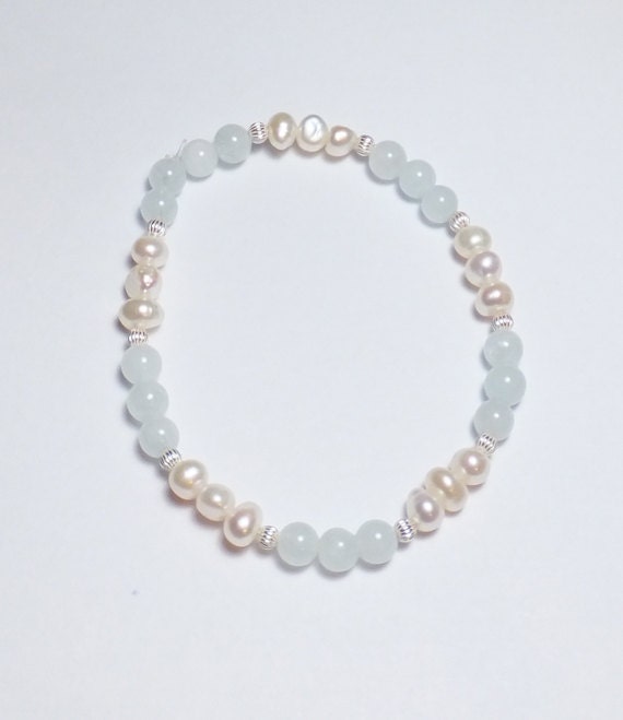 Aquamarine, Freshwater Pearl, and Sterling Silver Beadwork Stretch Bracelet