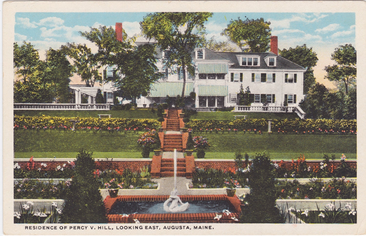 Residence of PERCY v. Hill, Looking East, AUGUSTA, MAINE, Vintage Unused Postcard, 1930s, Curteich