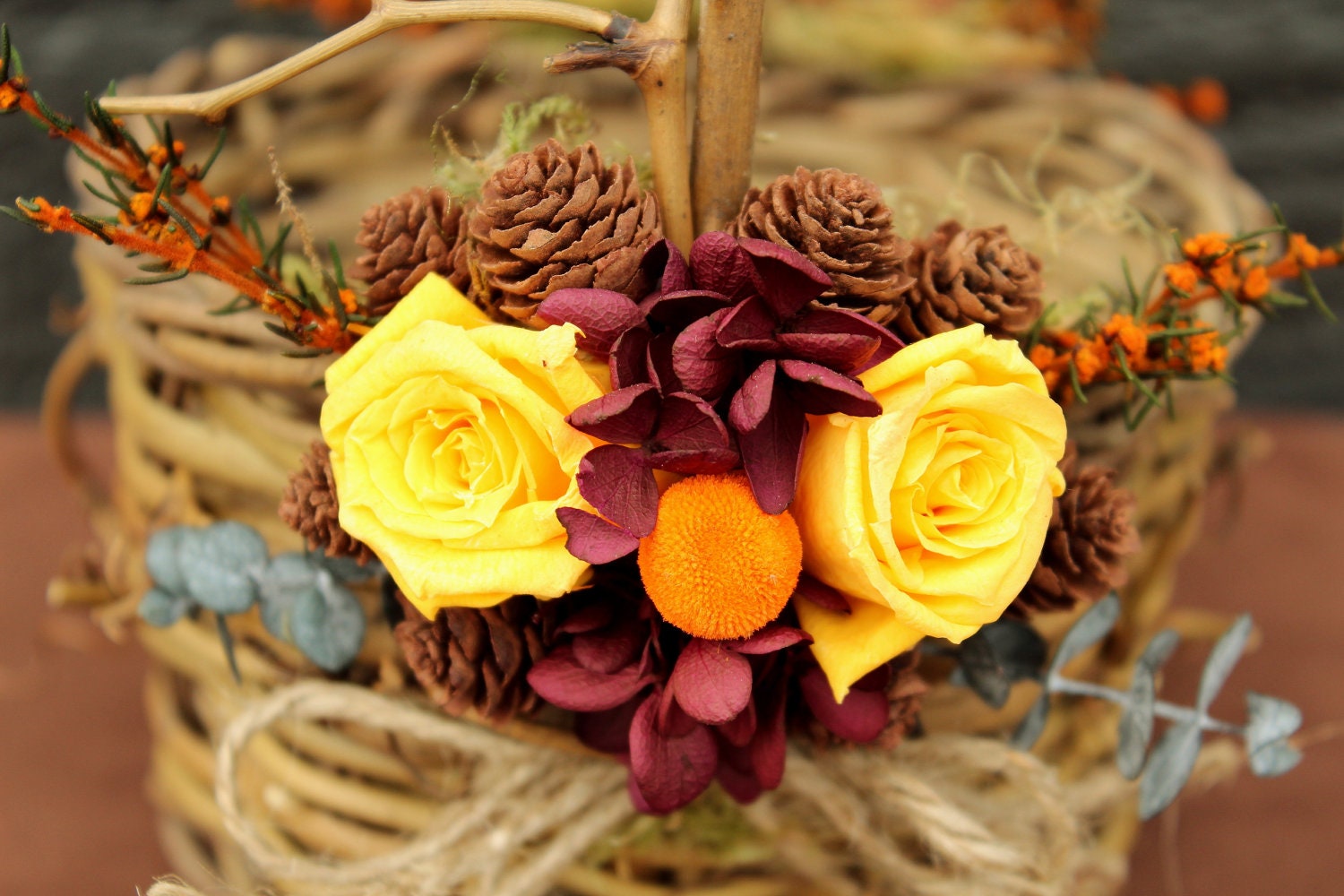 Fall Wedding Flower Girl Basket, Autumn Wedding, Woodland Wedding, Rustic Wedding with Preserved Yellow Roses and Foliage 133