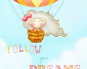 Kids wall art, Hot Air Balloon girl red, yellow, 11 x 14 whimsical print, nursery art, childrens illustration