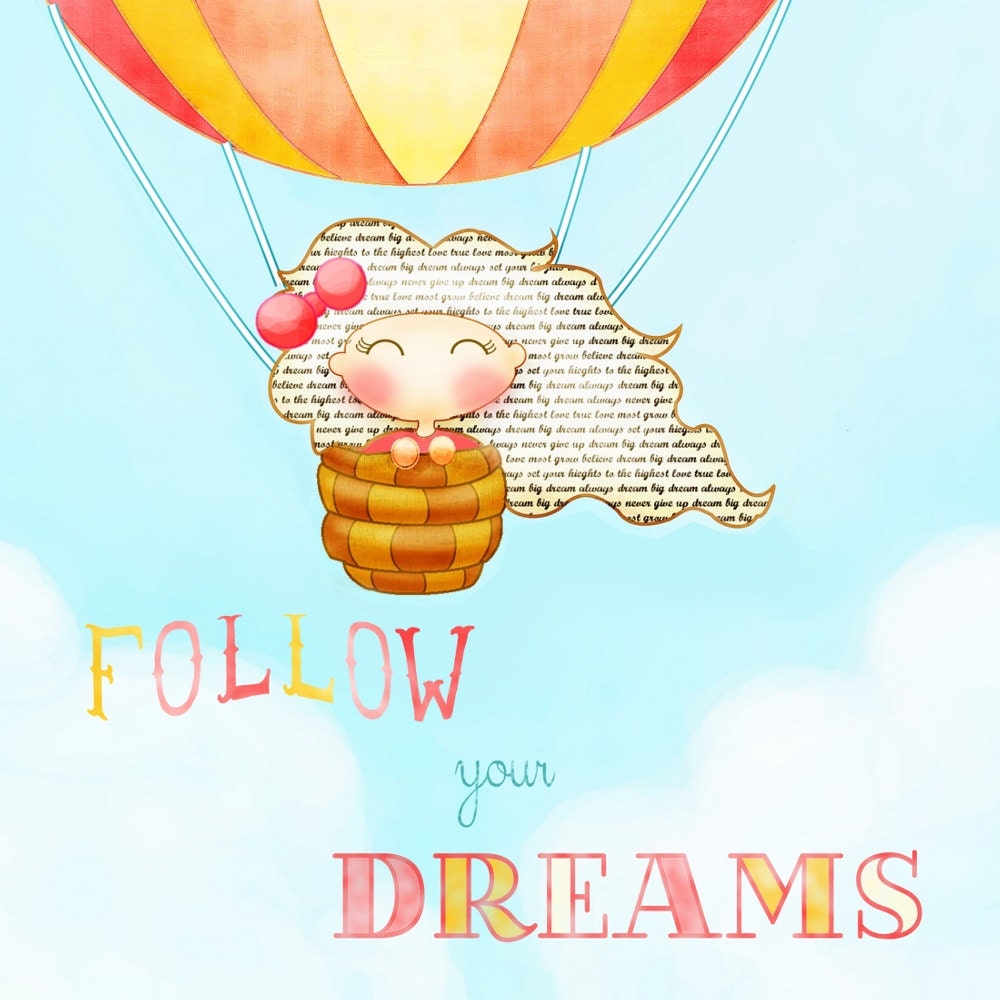 Kids wall art, Hot Air Balloon girl red, yellow, 11 x 14 whimsical print, nursery art, childrens illustration