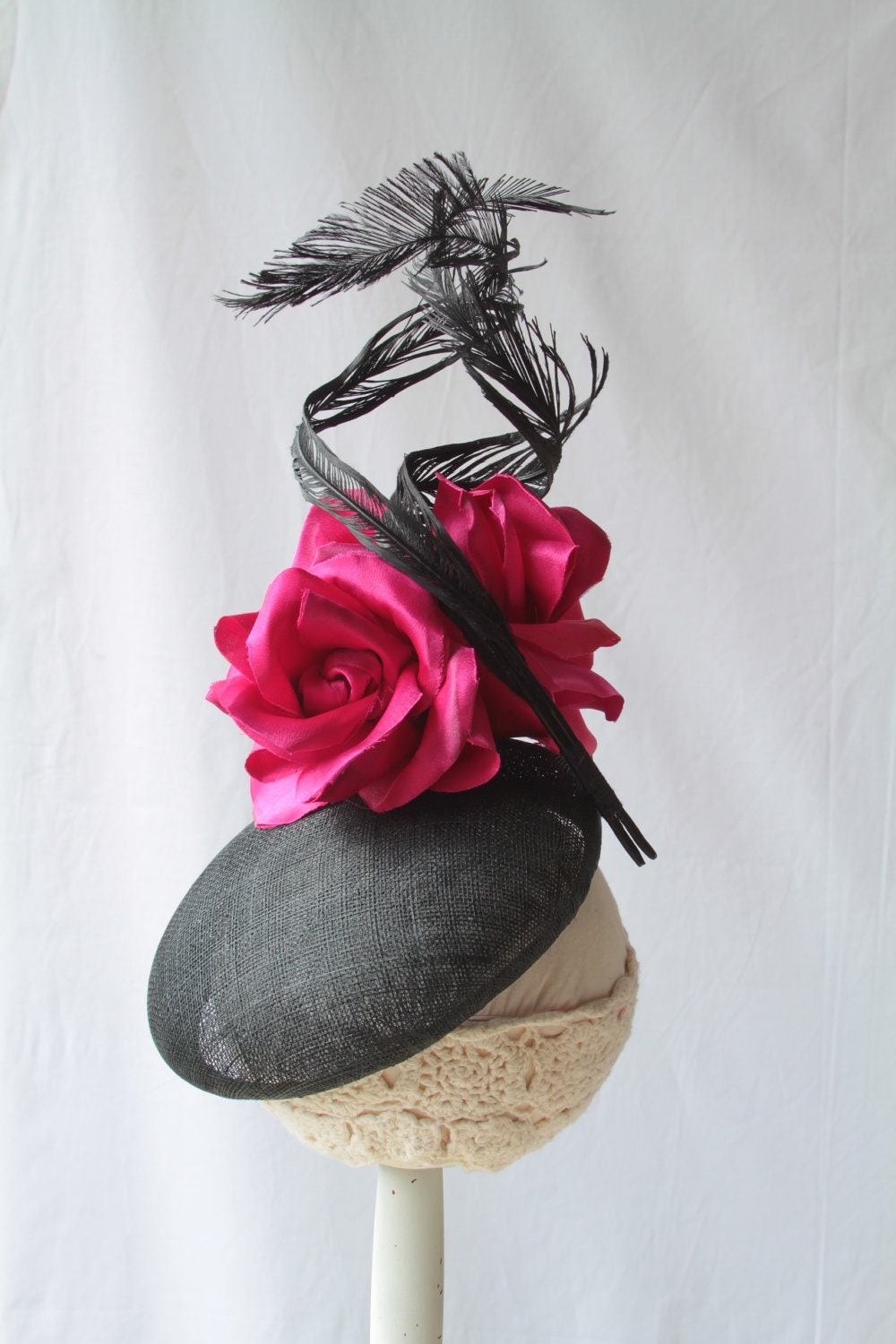 Fascinator, Cocktail hat. Rose/ Feather Headpiece.  Hot Pink Flower Hat. Black hat with feathers.
