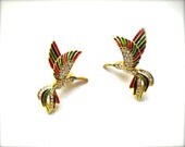 Vintage Hummingbird Earrings in Enamel and Sparkling Rhinestones