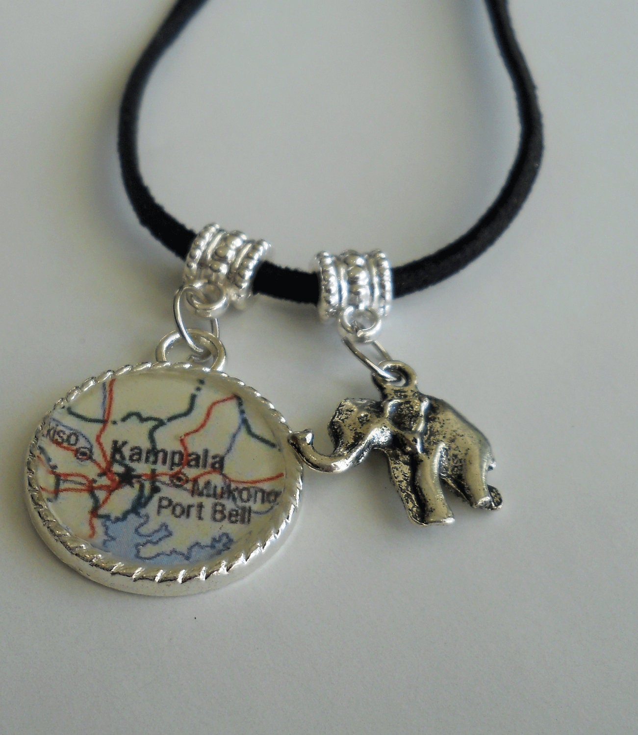 Elephant Pendant Necklace World Map of Any Location Silver or Black Suede Chain