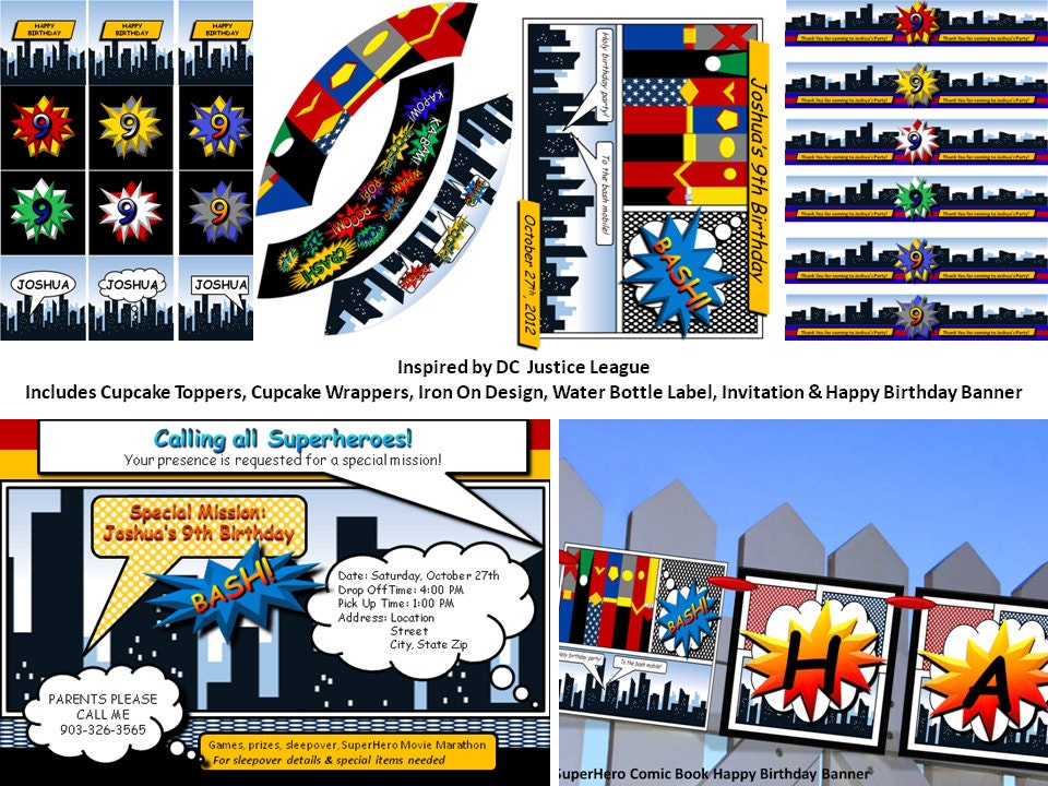 SuperHero Comic Book Party Kit - Inspired by DC Justice League - 5 Dollars OFF with Coupon Code: PARTYKIT35 - DIY Printable Party Il_570xn