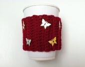 Crochet coffee cup cozy maroon with 5 butterflies