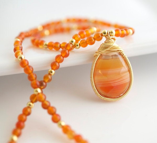 Carnelian Necklace, Orange Necklace,  Bezel Set Necklace
