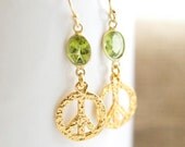 Peace Sign Dangle Earrings, Gold Vermeil Earrings, Peridot Earrings