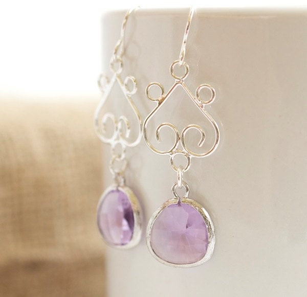 Pink Glass Stone and Silver Dangle Earrings