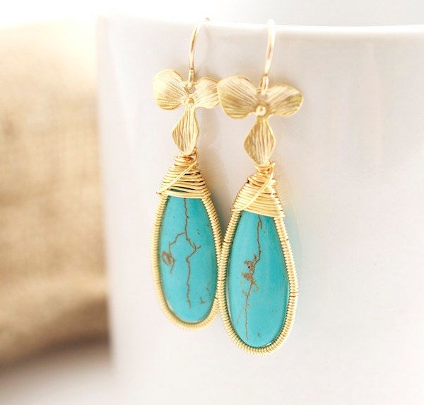 Elongated Turquoise Dangle Earrings, Wire Wrapped Earrings, Turquoise Earrings