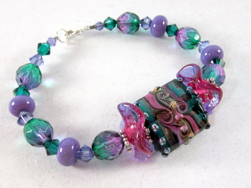 Teal and Amethyst Beaded Bracelet, Lampwork Bracelet, Beadwork Bracelet, Beaded Jewelry, Women's Jewelry, Gifts for Her