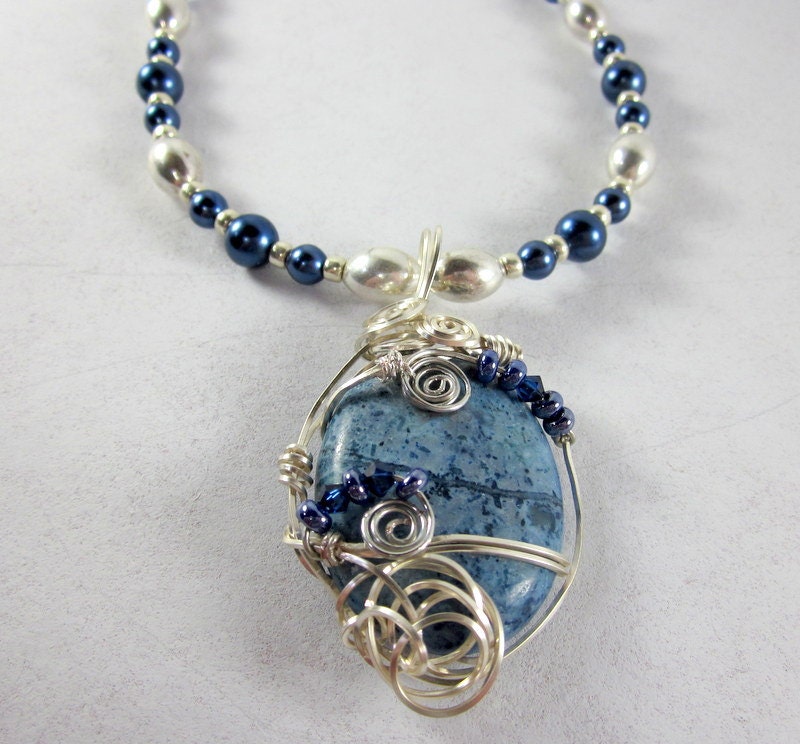 Blue and Silver Pendant Necklace, Silver Beadwork Necklace, Beaded Necklace,  Fall Jewelry, Beaded Jewelry