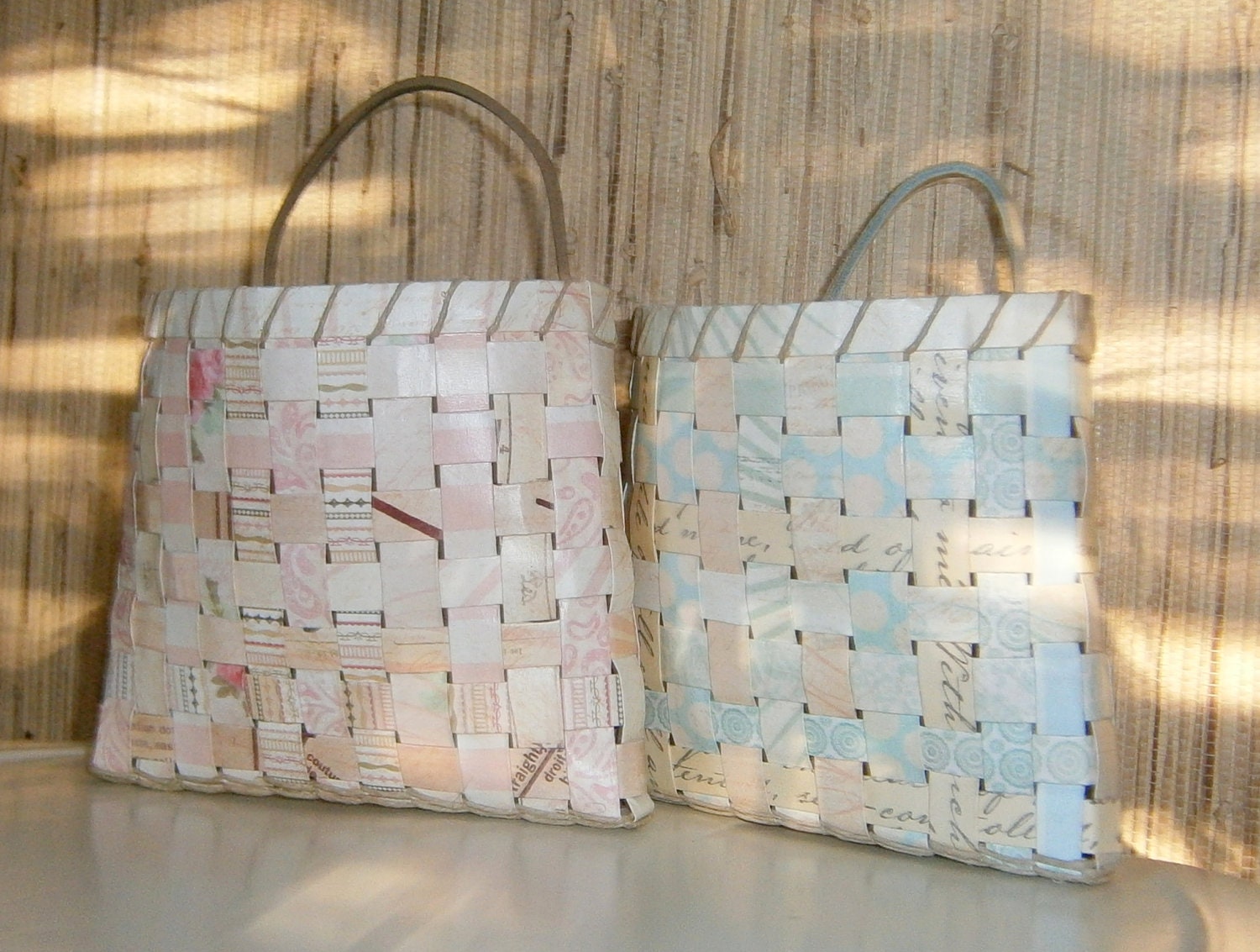 Woven Paper Basket - Pastel Blue/Tan or Pink/Tan Patterned, Handmade, Upcycled - BlueTangDesigns