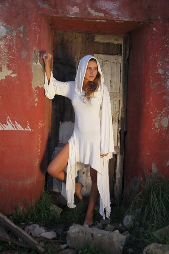 MAGICIAN HOOD DRESS Ivory, Hooded Dress, Versatile Cowl Neck used like Goddess Hood or Off the Showlder, Festival Gypsy Fairy, Prairie Dress