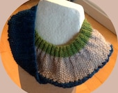 Knitted Alpaca Cowl, striped in dark blue, green and beige colors, handmade